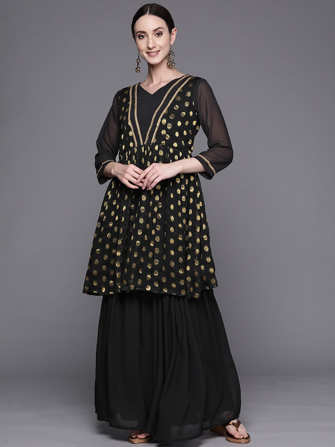 

MASSTANI BY INDDUS Women Woven Design Kurti With Sharara, Black