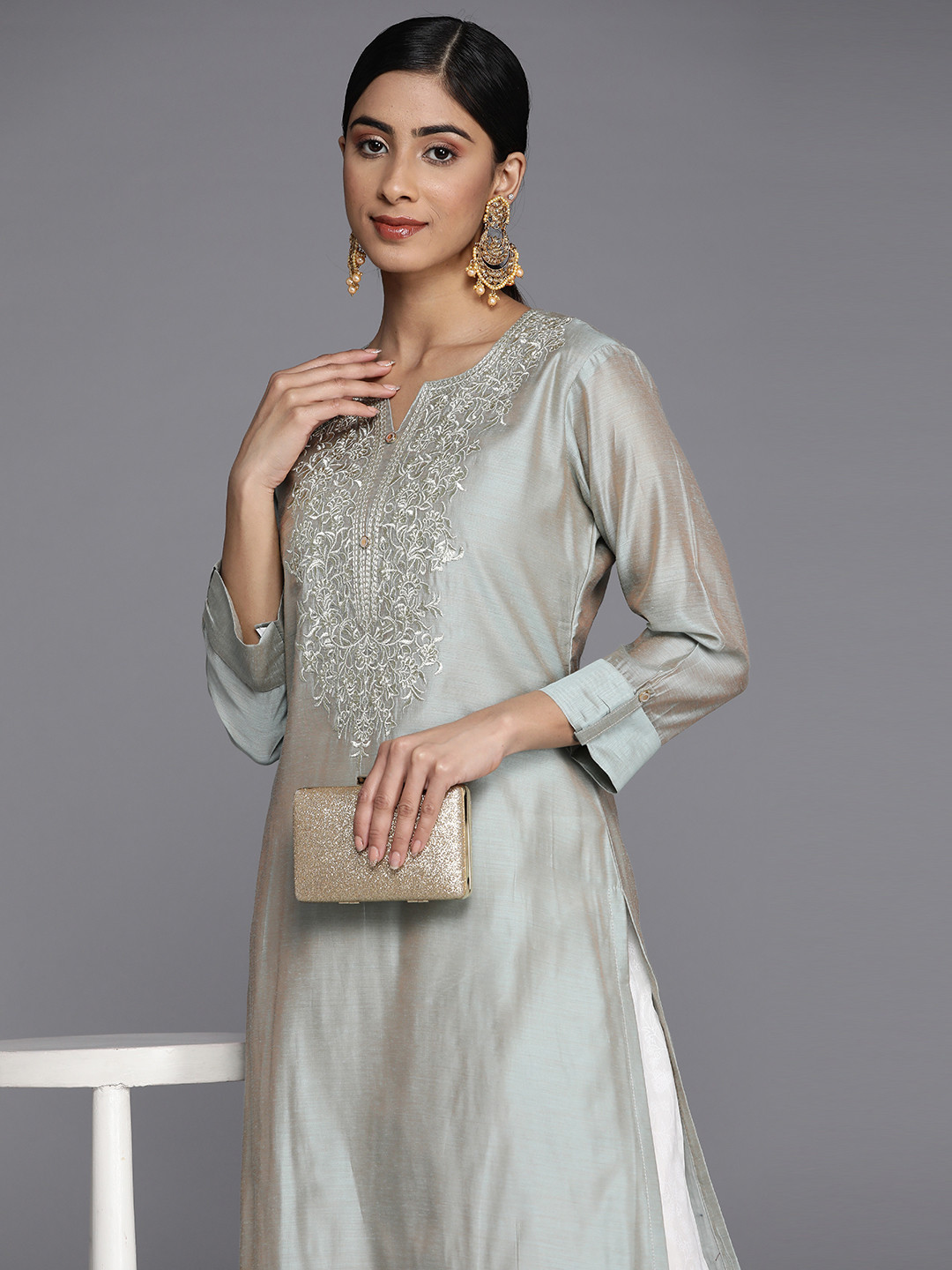 

MASSTANI BY INDDUS Women Floral Yoke Design Chanderi Cotton Kurta With Palazzos, Grey