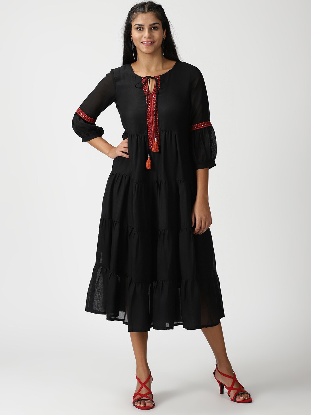 

Saffron Threads Boho Tiered Midi Dress with Embroidered Details, Black