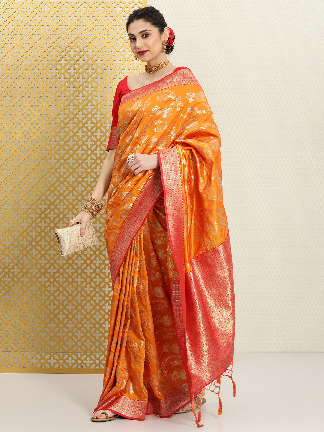 

House of Pataudi Woven Design Floral Zari Silk Blend Saree, Mustard