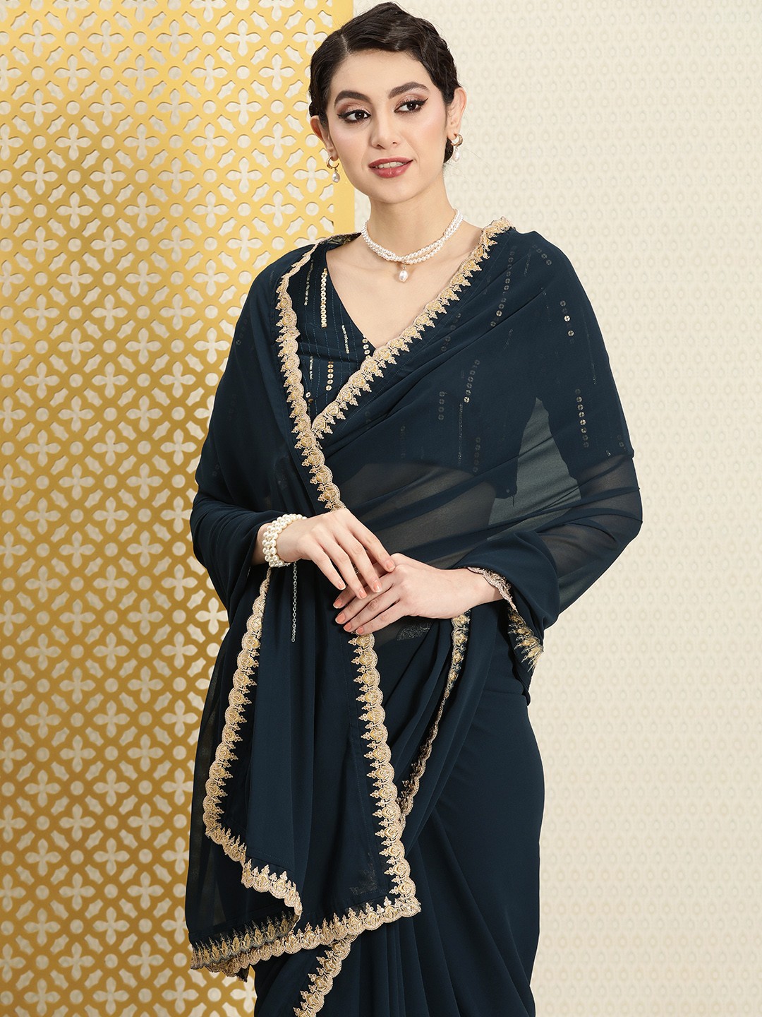 

House of Pataudi Zari Embroidered Saree, Teal