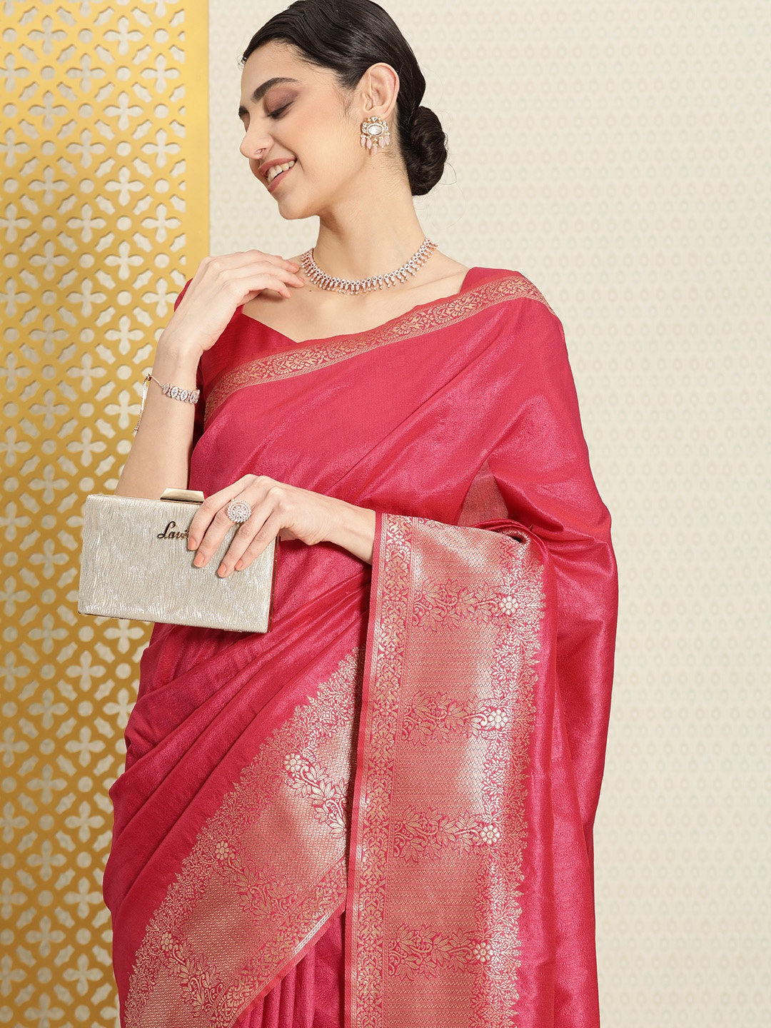 

House of Pataudi Ethnic Motifs Zari Silk Blend Saree, Magenta