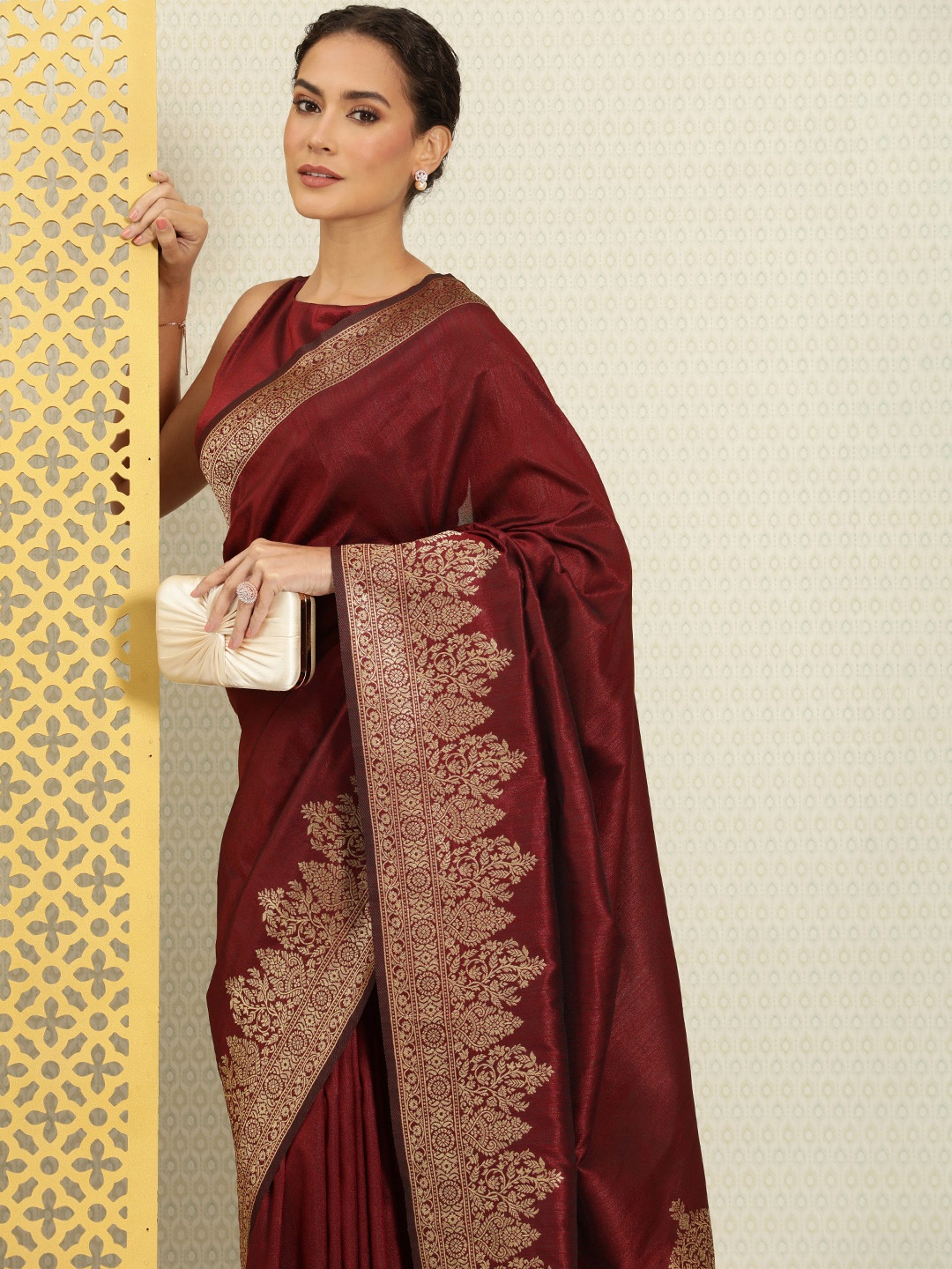 

House of Pataudi Woven Design Zari Silk Blend Saree, Maroon