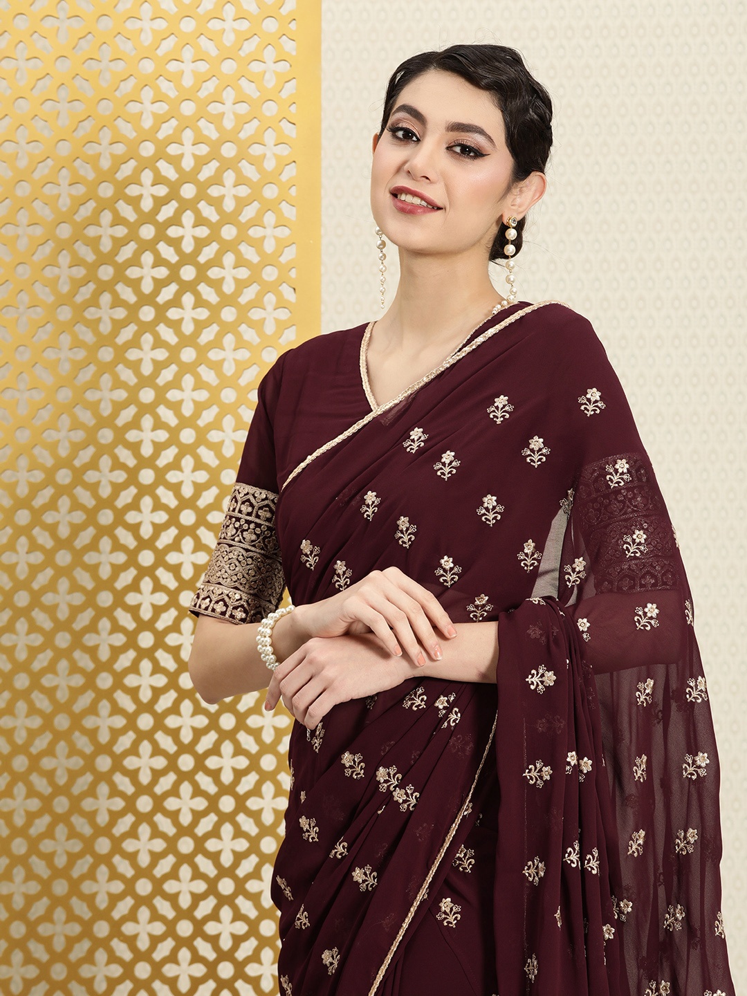 

House of Pataudi Floral Embroidered Zari Half & Half Saree, Brown