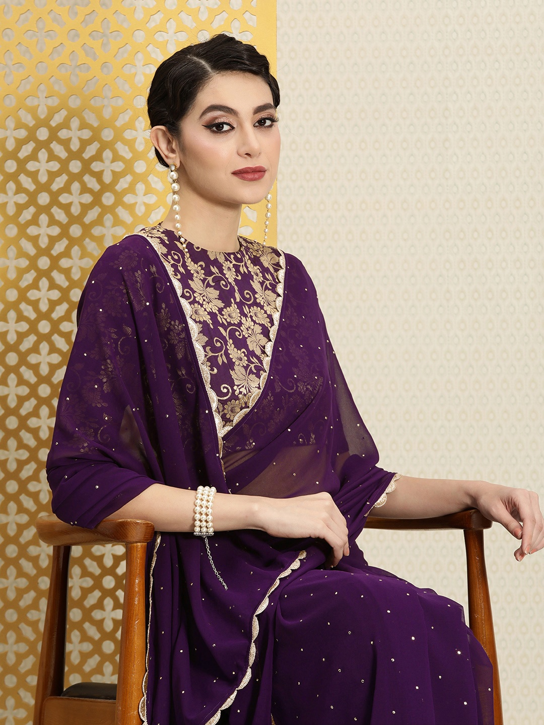 

House of Pataudi Embellished Zari Saree, Purple