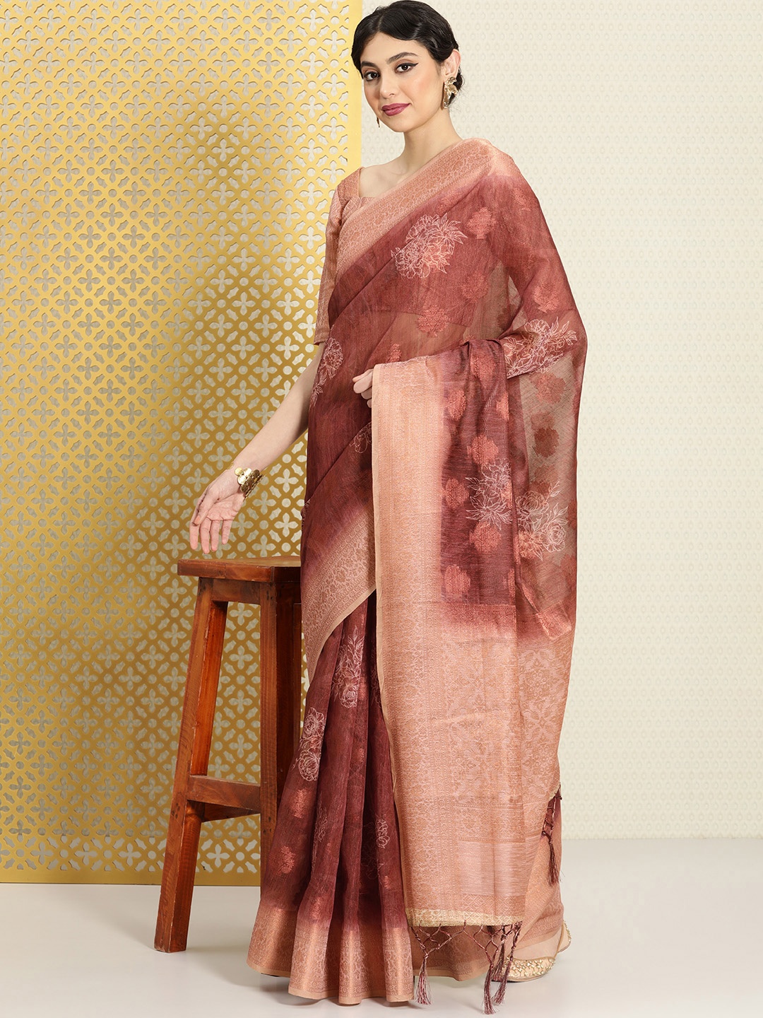 

House of Pataudi Woven Design Ethnic Motifs Zari Linen Blend Saree, Brown