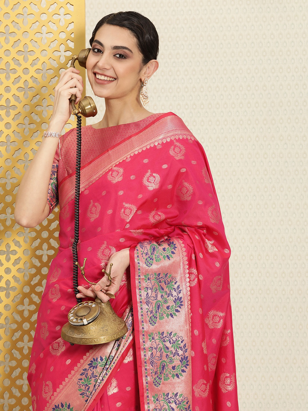 

House of Pataudi Ethnic Motifs Zari Silk Blend Saree, Magenta