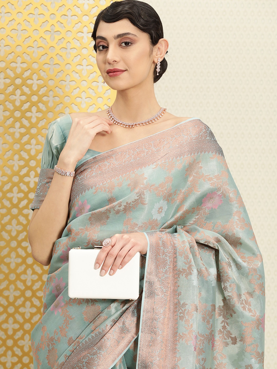 

House of Pataudi Turquoise Blue Floral Zari Silk Blend Saree