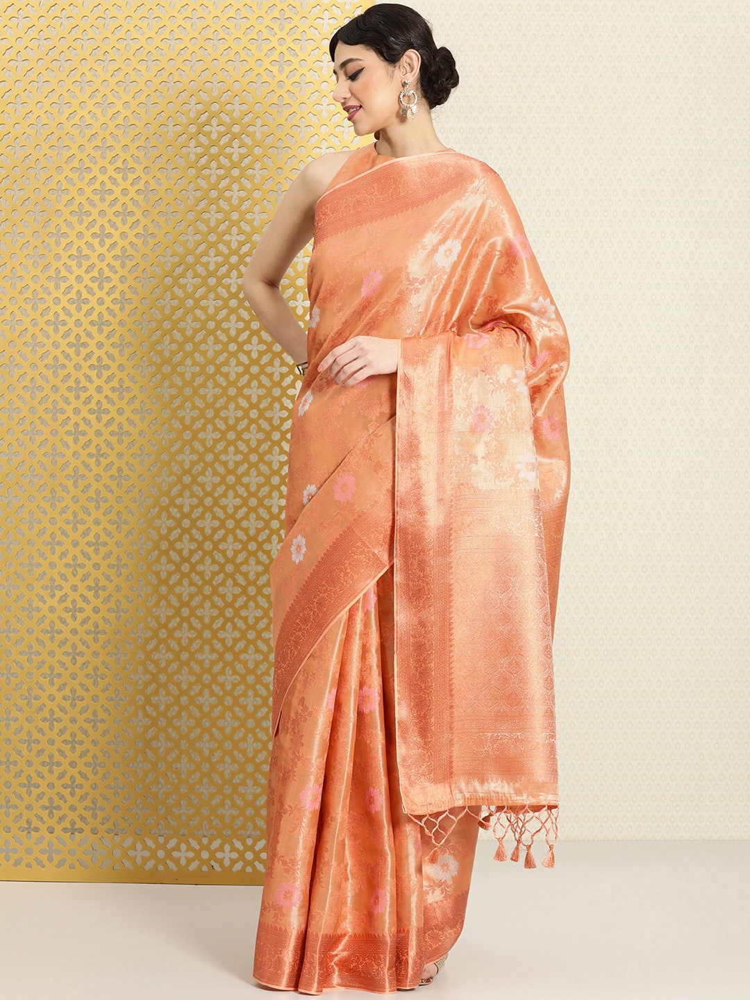 

House of Pataudi Woven Design Floral Zari Silk Blend Saree, Peach