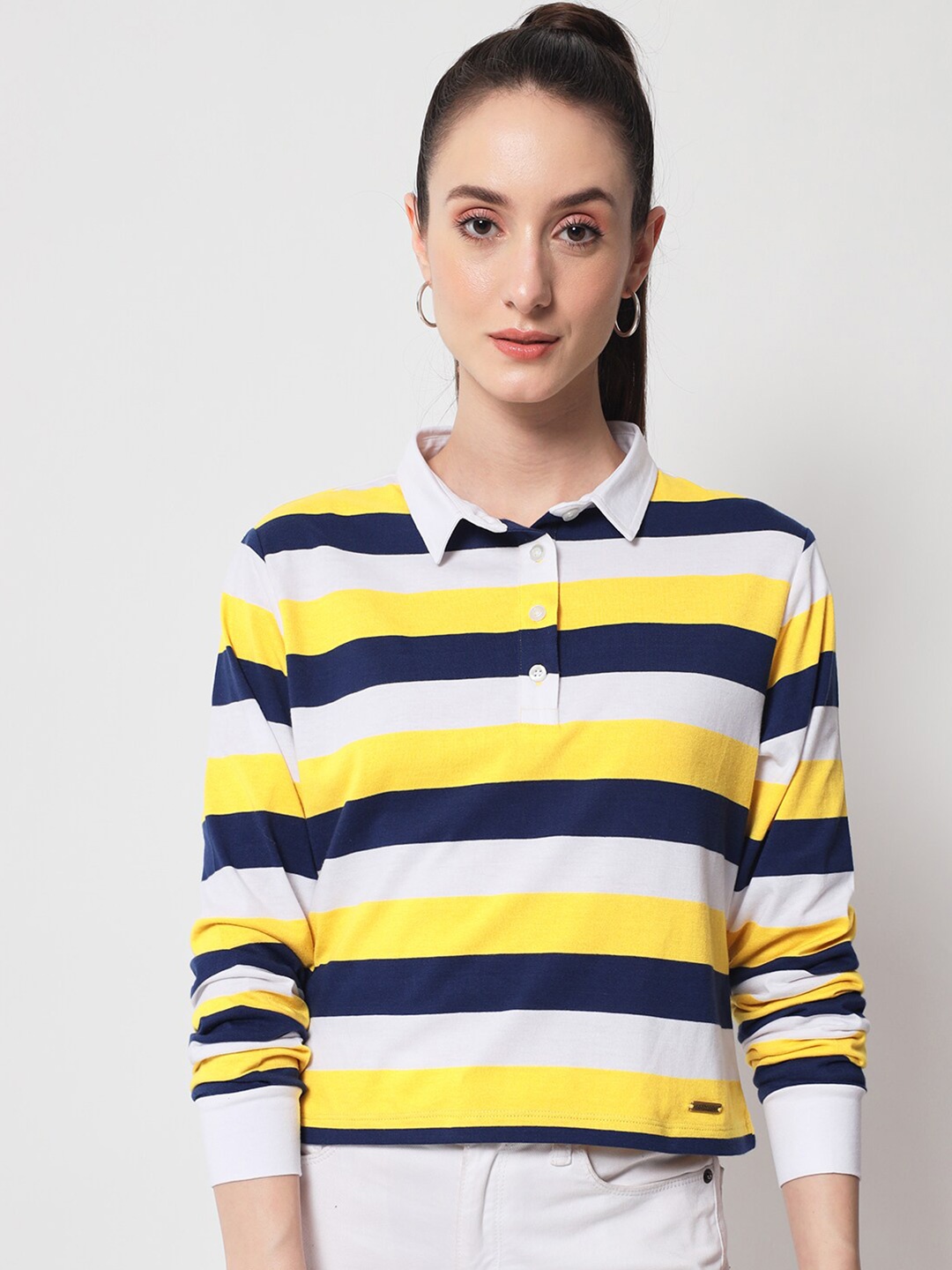 

Yaadleen Women Striped Polo Collar Cotton T-shirt, Yellow