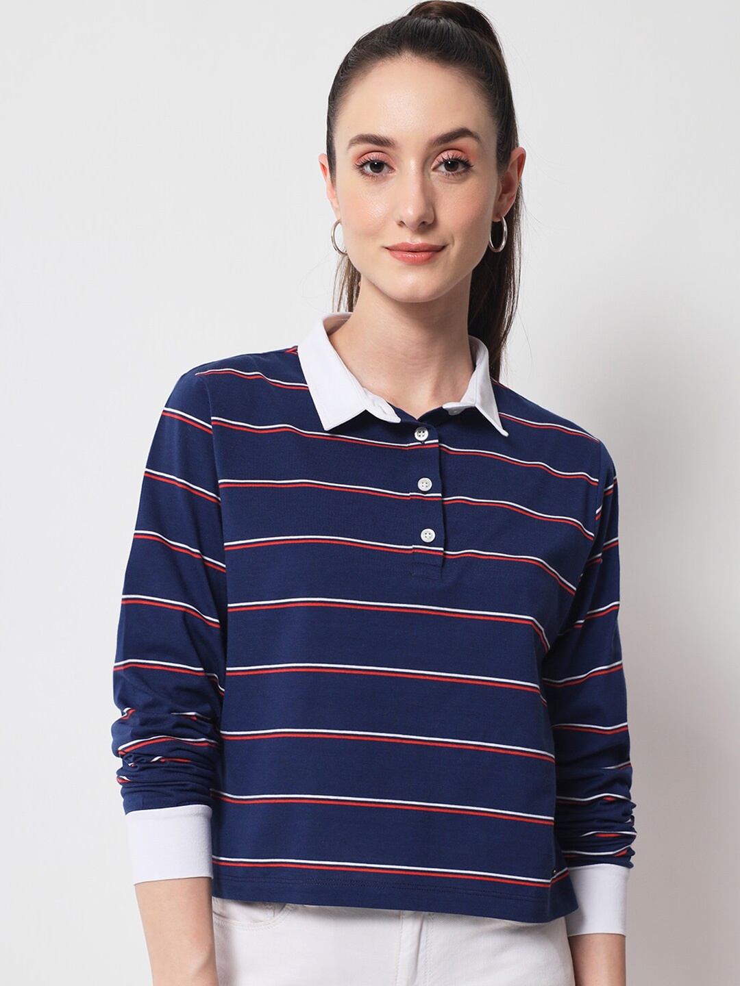 

Yaadleen Women Striped Polo Collar Cotton T-shirt, Navy blue