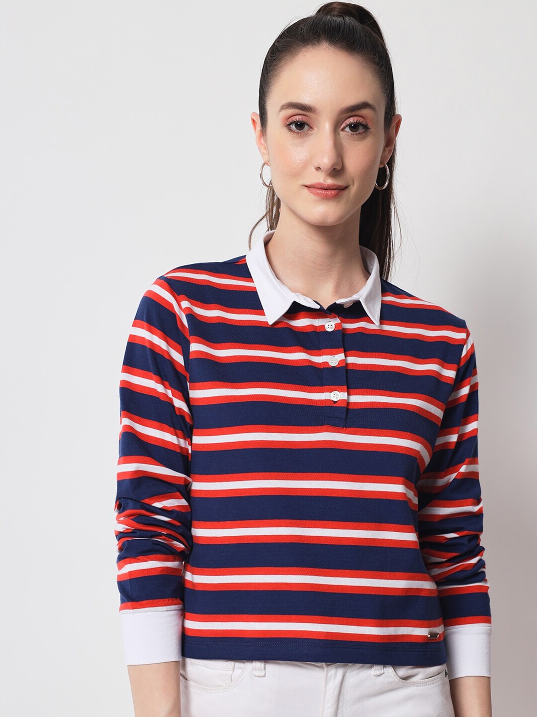 

Yaadleen Women Striped Polo Collar Cotton T-shirt, Red