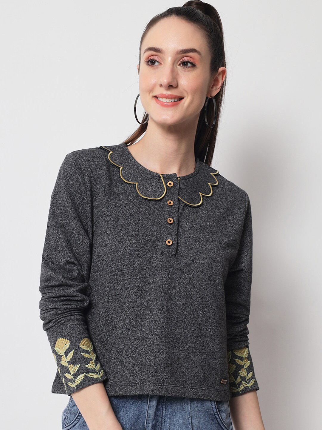 

Yaadleen Women Peter Pan Collar Cotton Sweatshirt, Charcoal