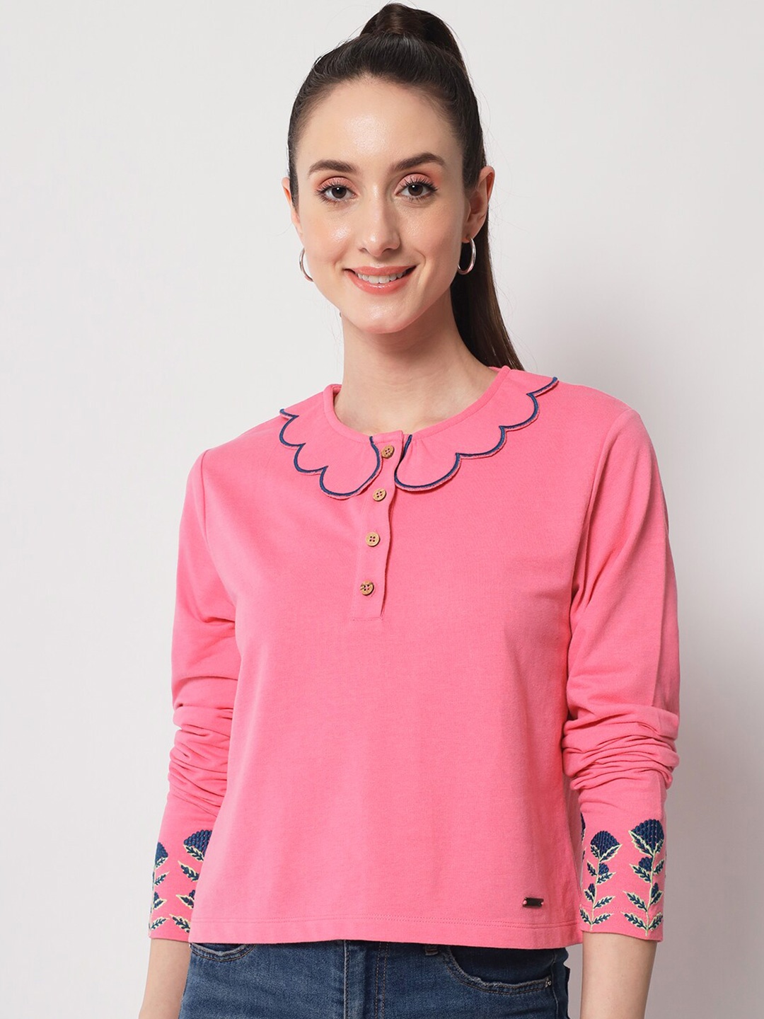 

Yaadleen Women Peter Pan Collar Cotton Sweatshirt, Pink