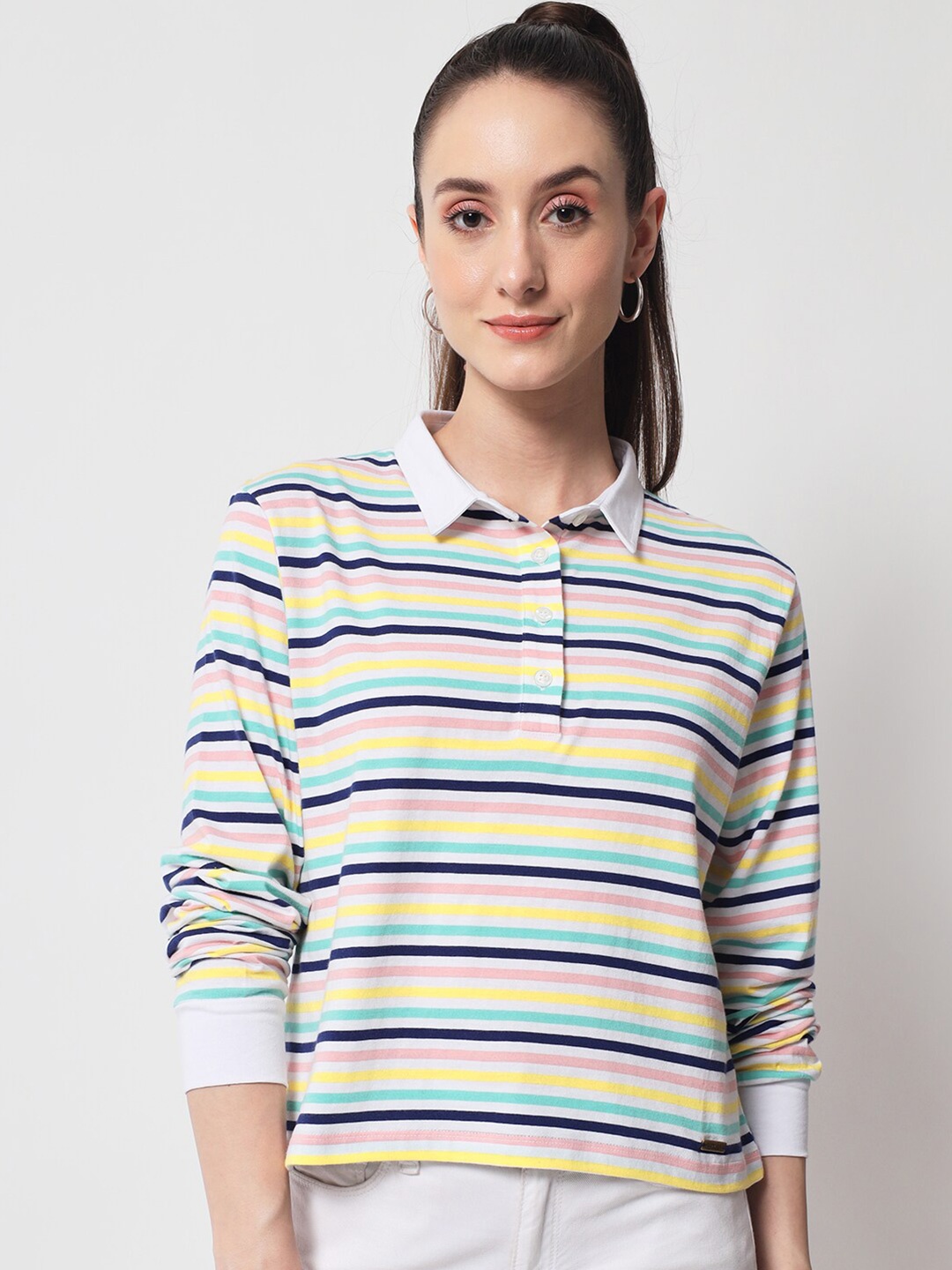 

Yaadleen Women Striped Polo Collar Cotton T-shirt, Yellow