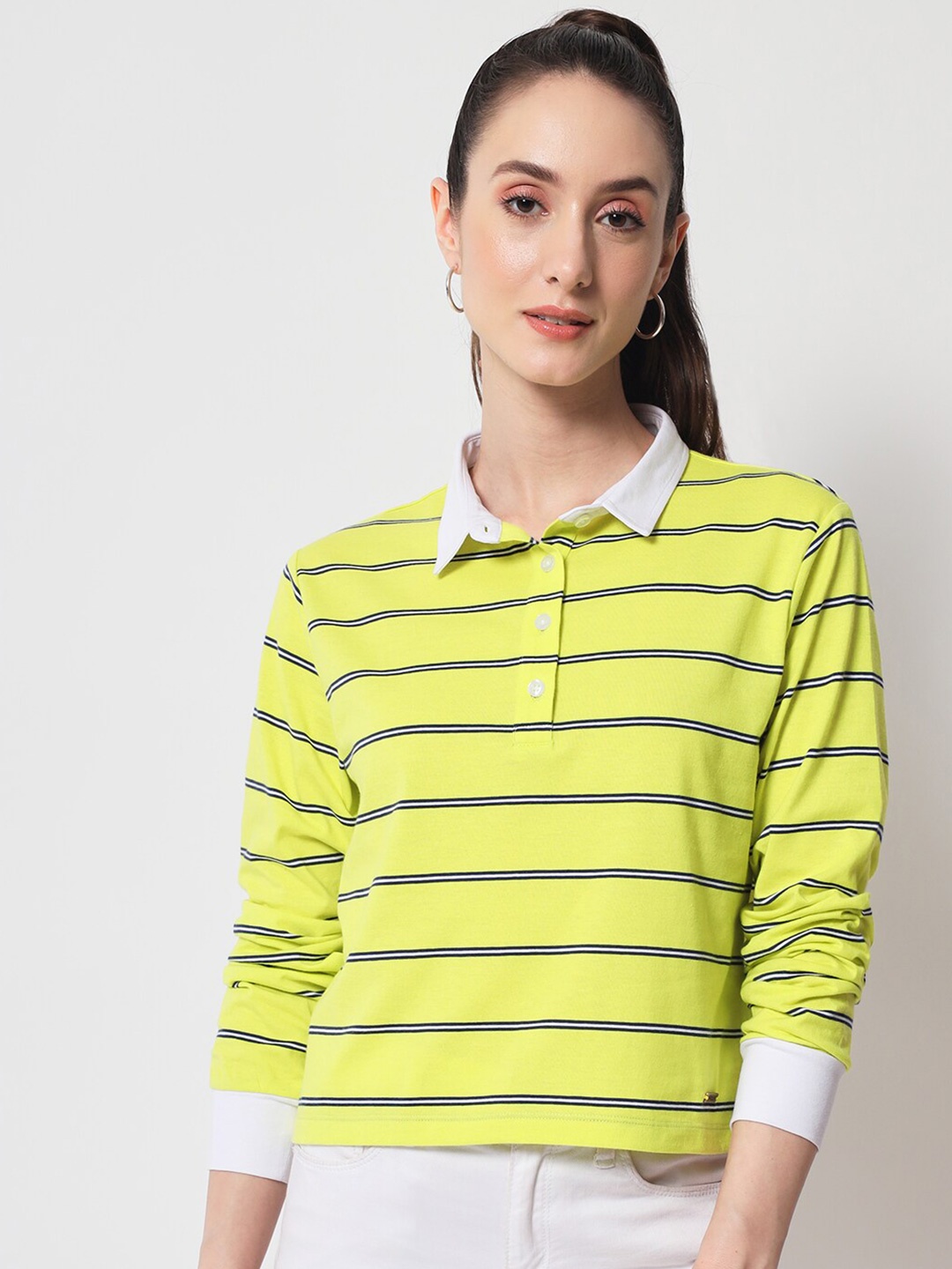 

Yaadleen Women Striped Polo Collar Cotton T-shirt, Lime green