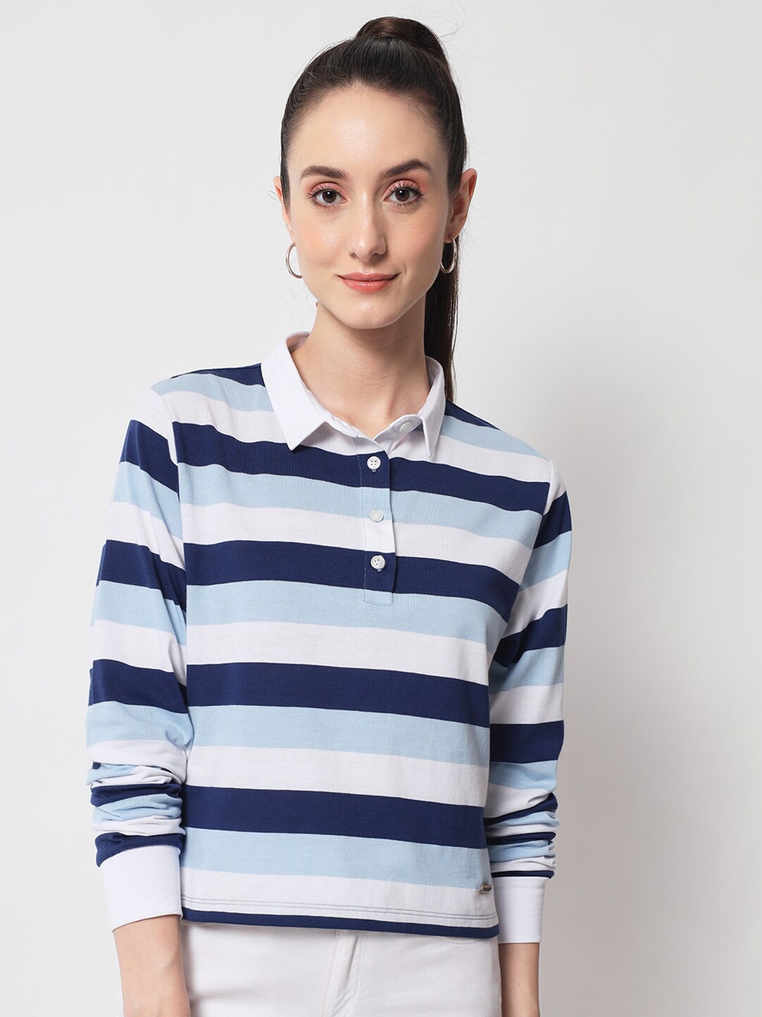 

Yaadleen Women Cotton Striped Polo Collar T-shirt, Blue