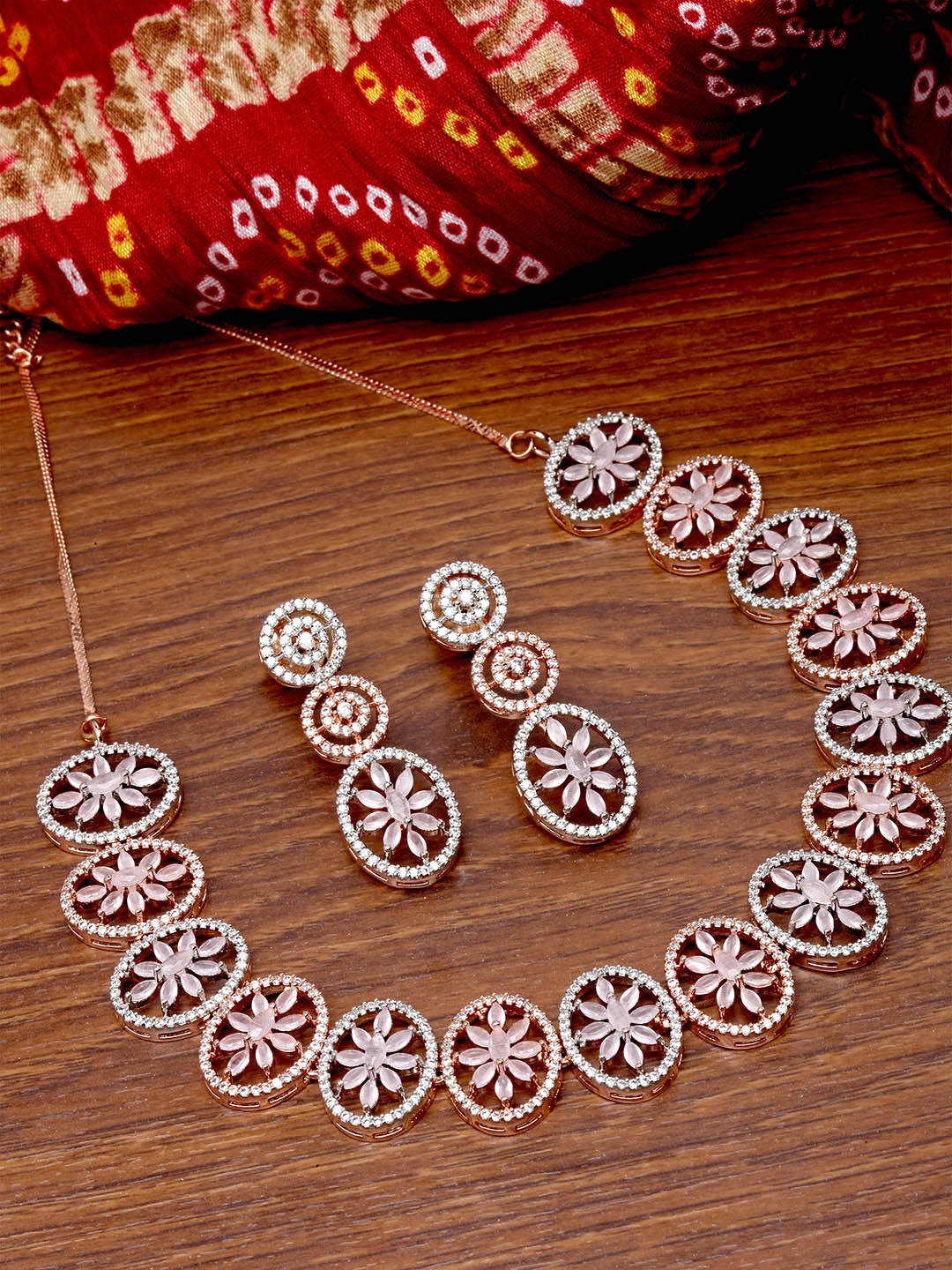 

KARATCART Rose Gold-Plated Floral CZ Studded Jewellery Set