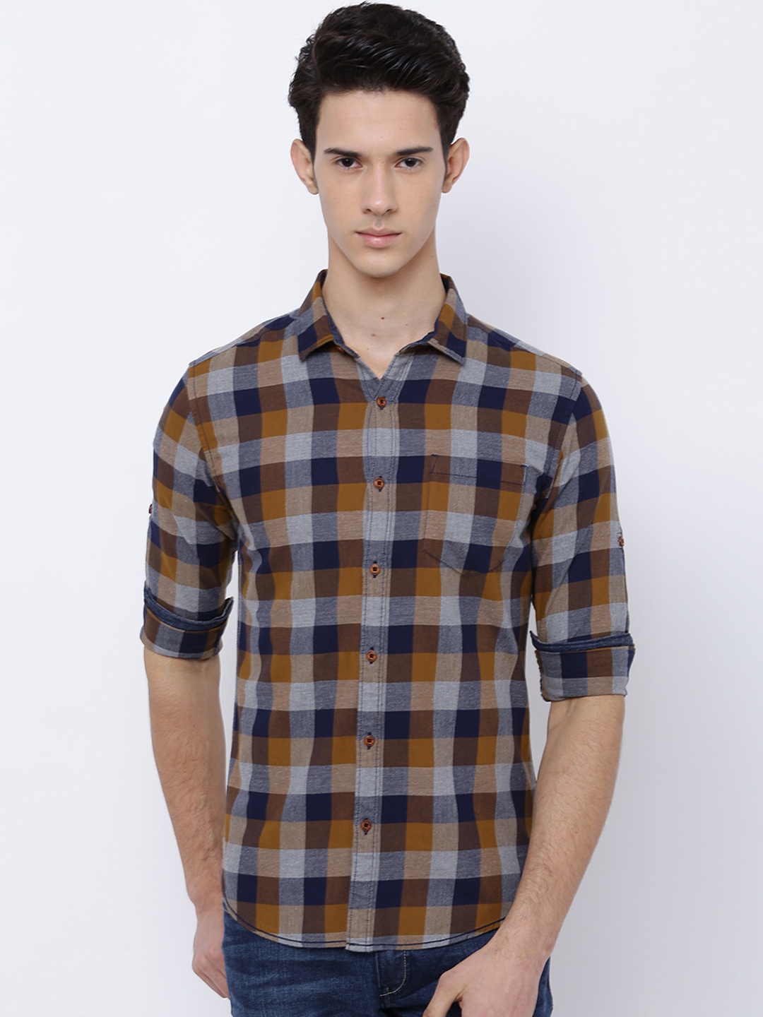 

LOCOMOTIVE Men Mustard Yellow & Navy Blue Slim Fit Checked Casual Shirt