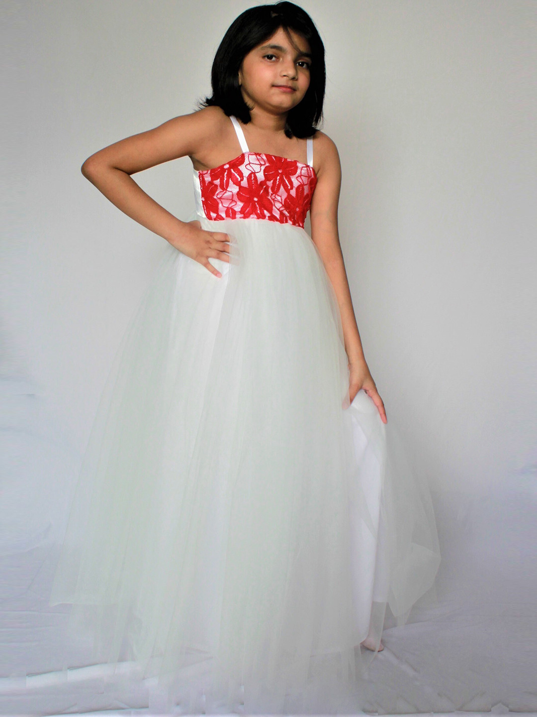 

MANY FROCKS & Girls Floral Self Design Net Maxi Empire Dress, White