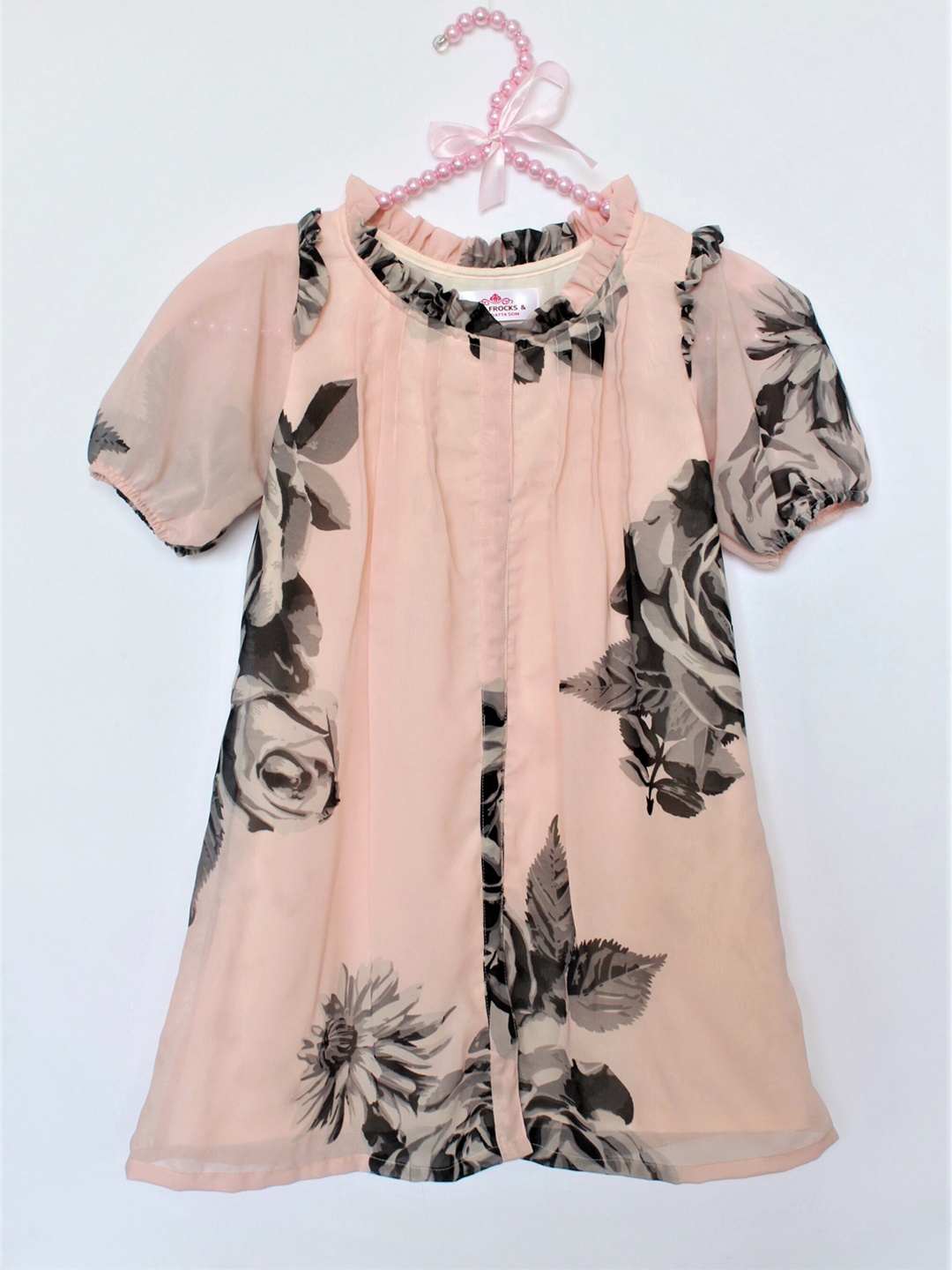 

MANY FROCKS & Floral Printed Puff Sleeves A-Line Dress, Peach