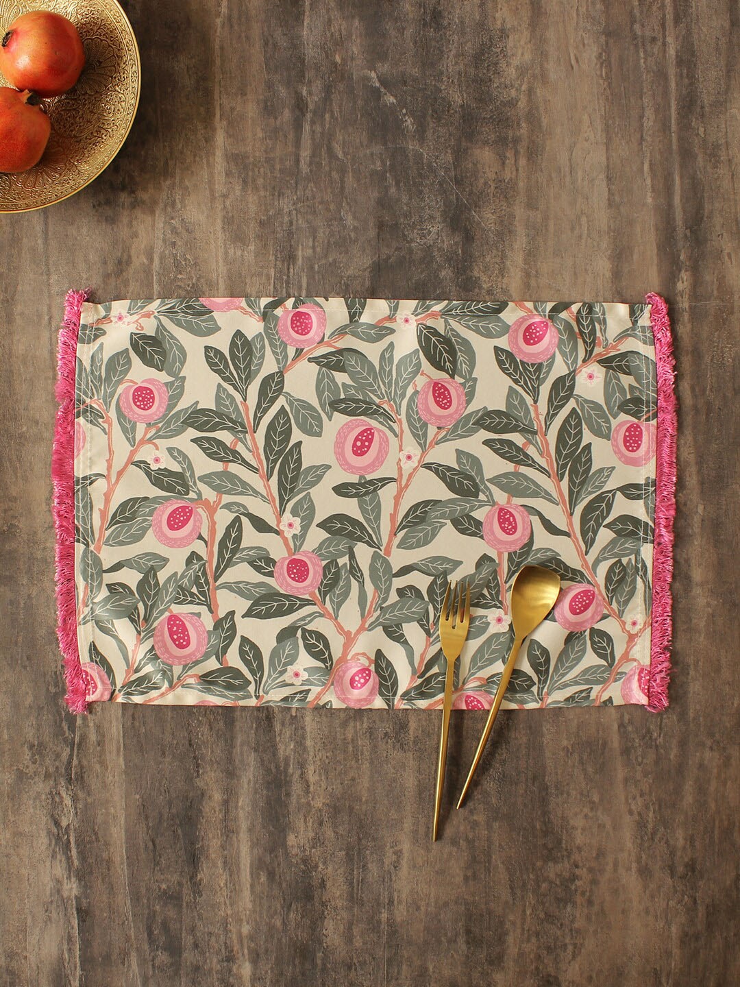 

House This Aadoo Pink & Green Floral Printed Rectangular Table Placemat, Off white