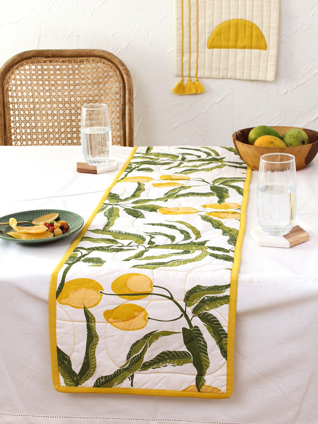 

House This Yellow & White Mango Printed Pure Cotton Rectangle Table Runner