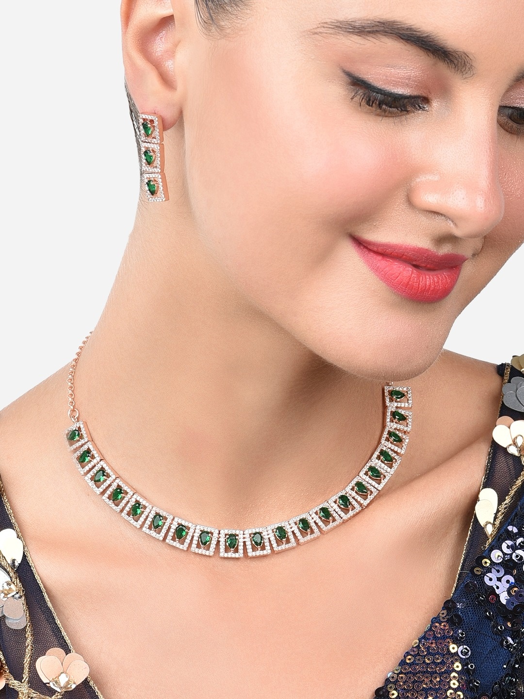 

Zaveri Pearls Rose Gold-Plated Cubic Zirconia Stones-Studded Jewellery Set, Green