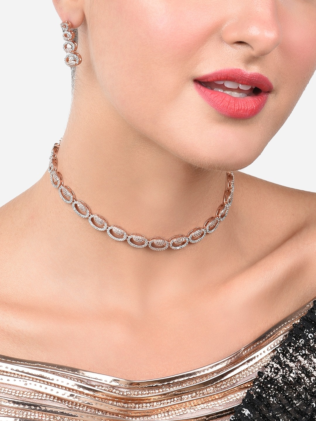 

Zaveri Pearls Rose Gold-Plated & CZ Stone-Studded Contemporary Jewellery Set
