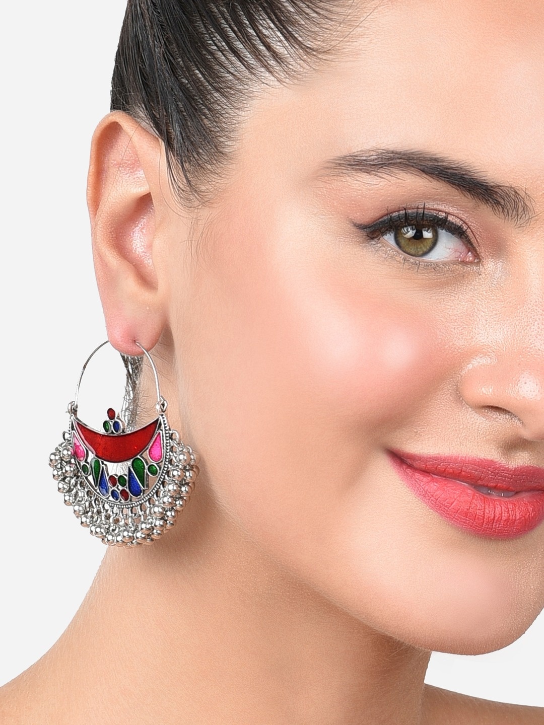 

Zaveri Pearls Silver-Plated Circular Hoop Earrings, Red
