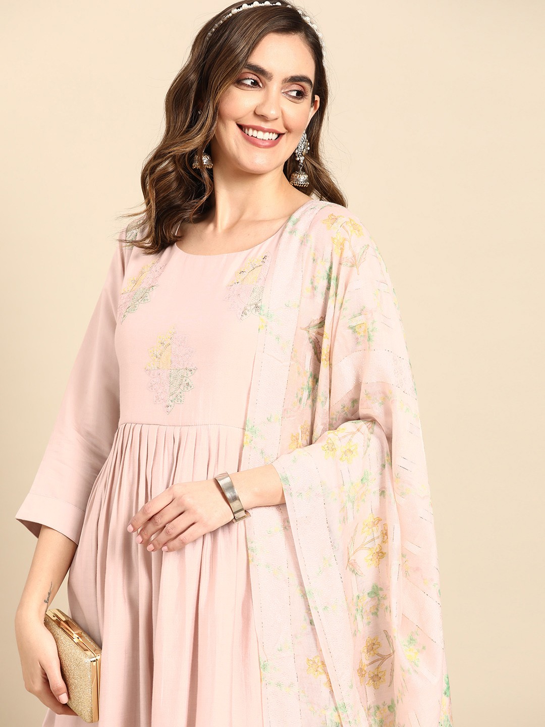 

Sangria Women Ethnic Motifs Embroidered Pure Cotton Kurta With Trousers & With Dupatta, Pink
