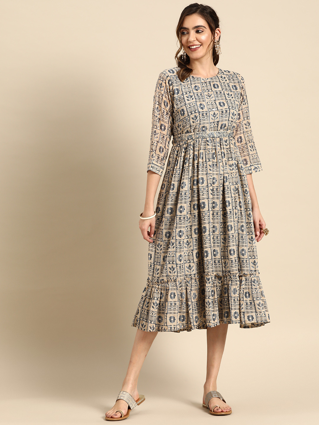 

Sangria Ethnic Motif Printed Fit & Flare Midi Dress, Grey