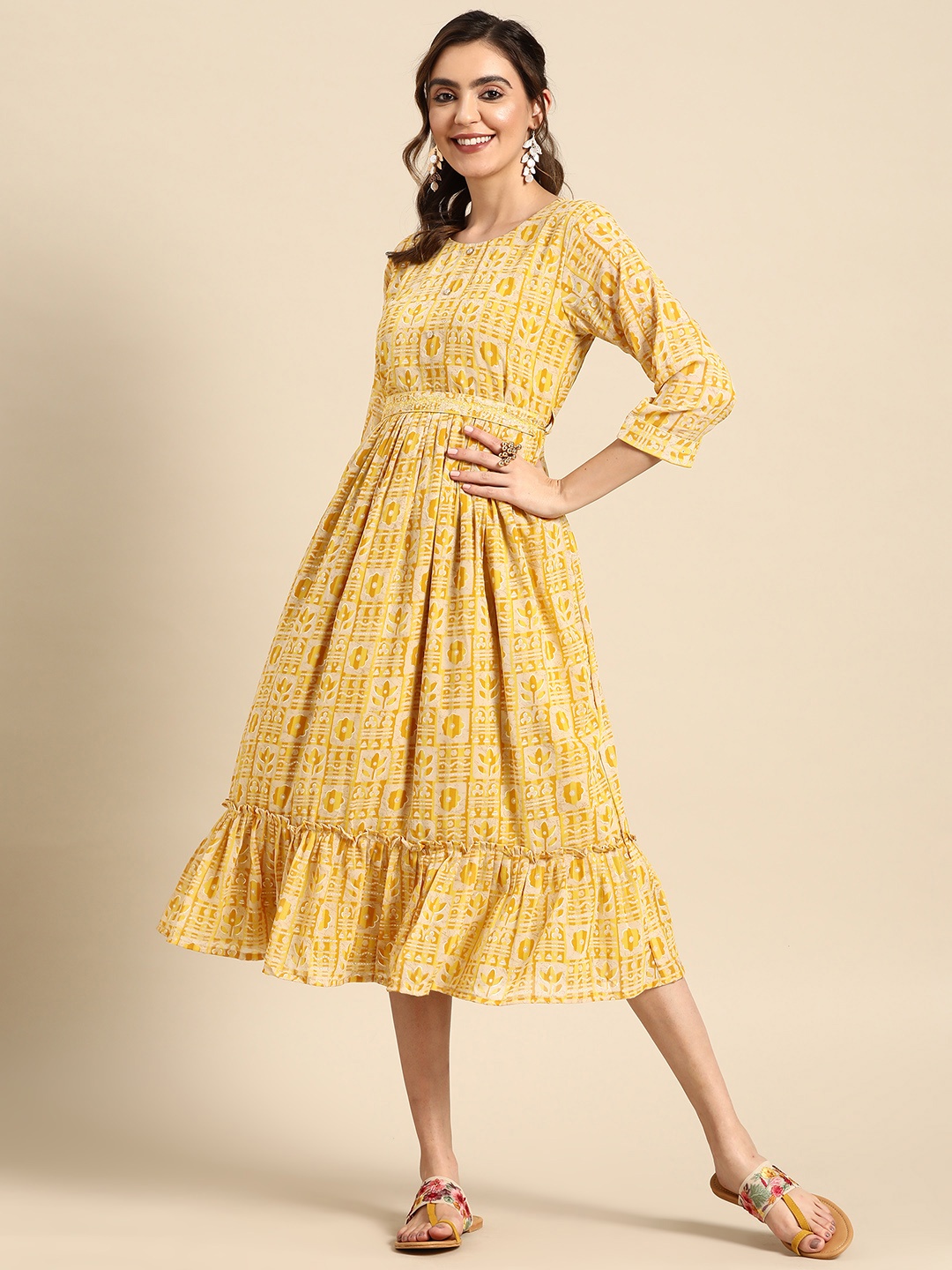 

Sangria Ethnic Motif Printed Fit & Flare Midi Dress, Yellow