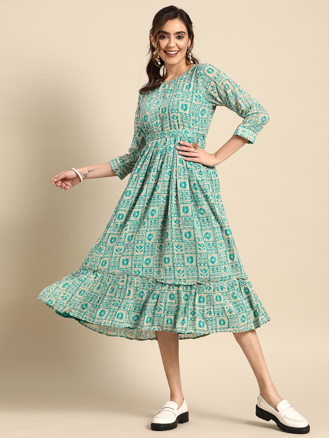 

Sangria Ethnic Motif Printed Fit & Flare Midi Dress, Turquoise blue
