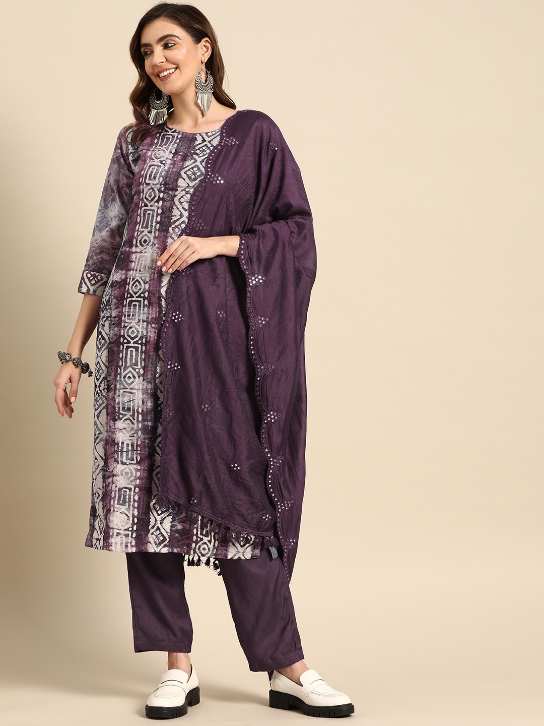 

Sangria Women Ethnic Motifs Printed Pure Cotton Kurta With Trousers & With Dupatta, Purple