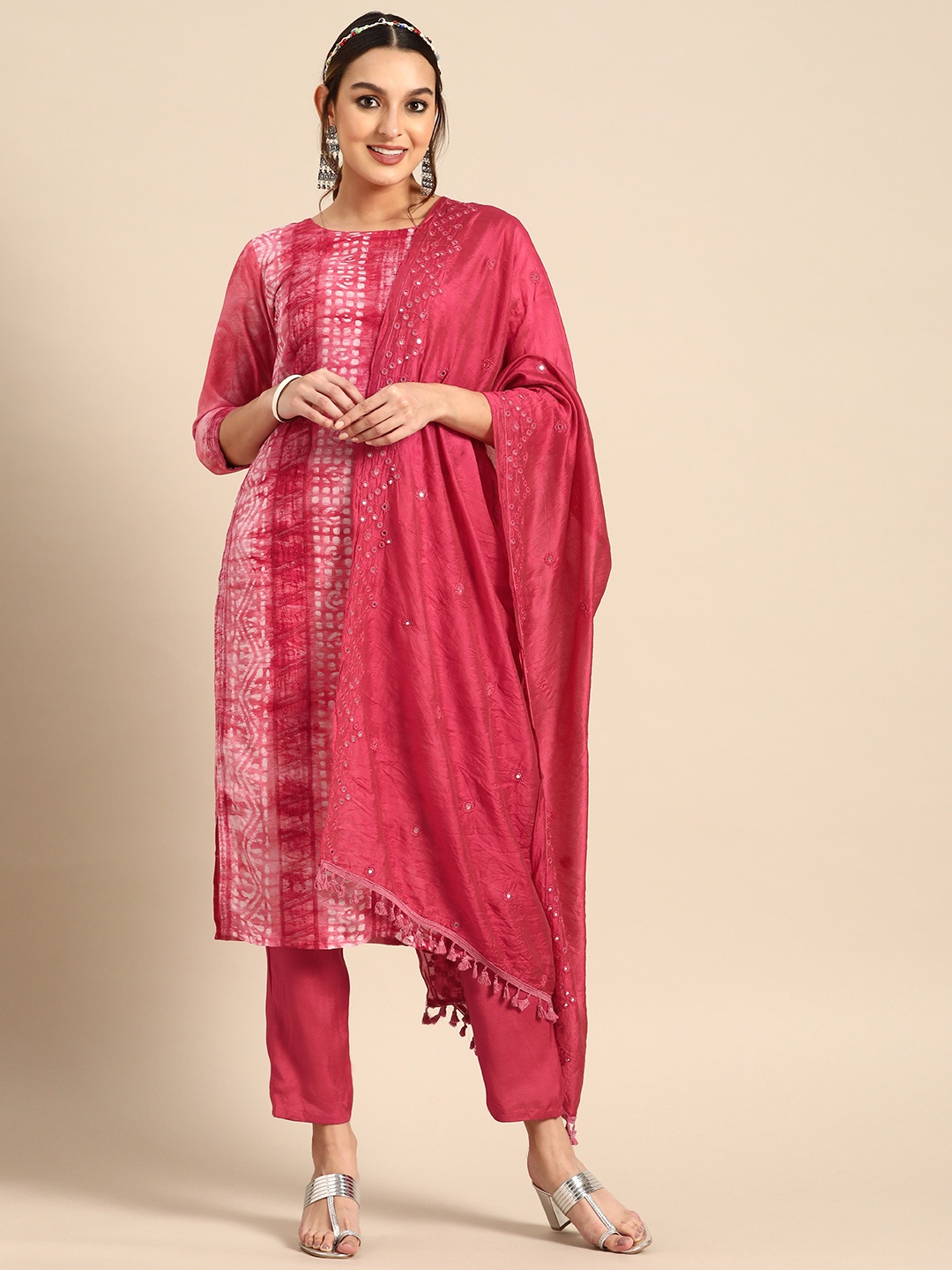 

Sangria Women Ethnic Motifs Printed Pure Cotton Kurta With Trousers & With Dupatta, Pink