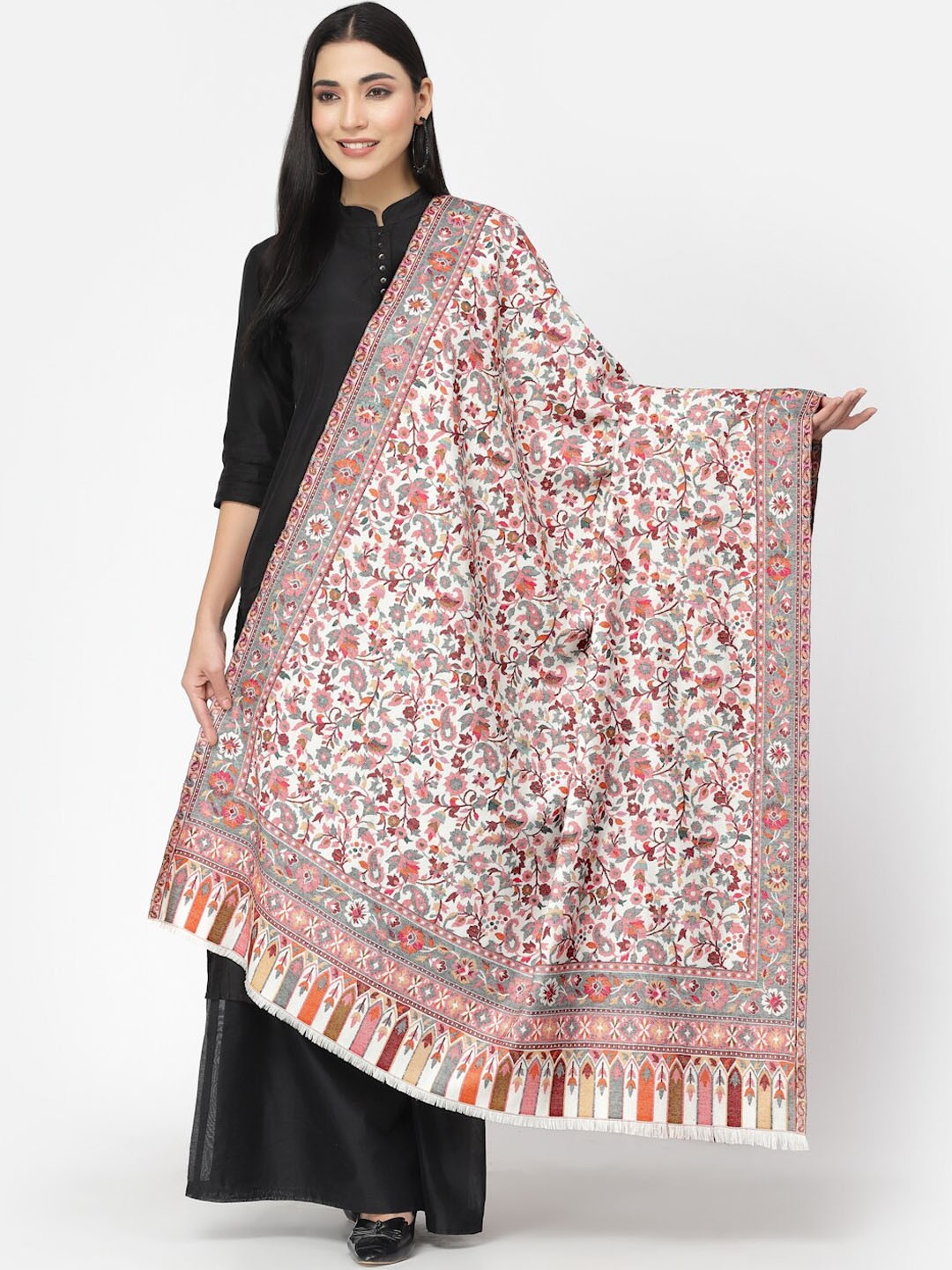 

Anekaant Women Floral Woven Design Shawl, White