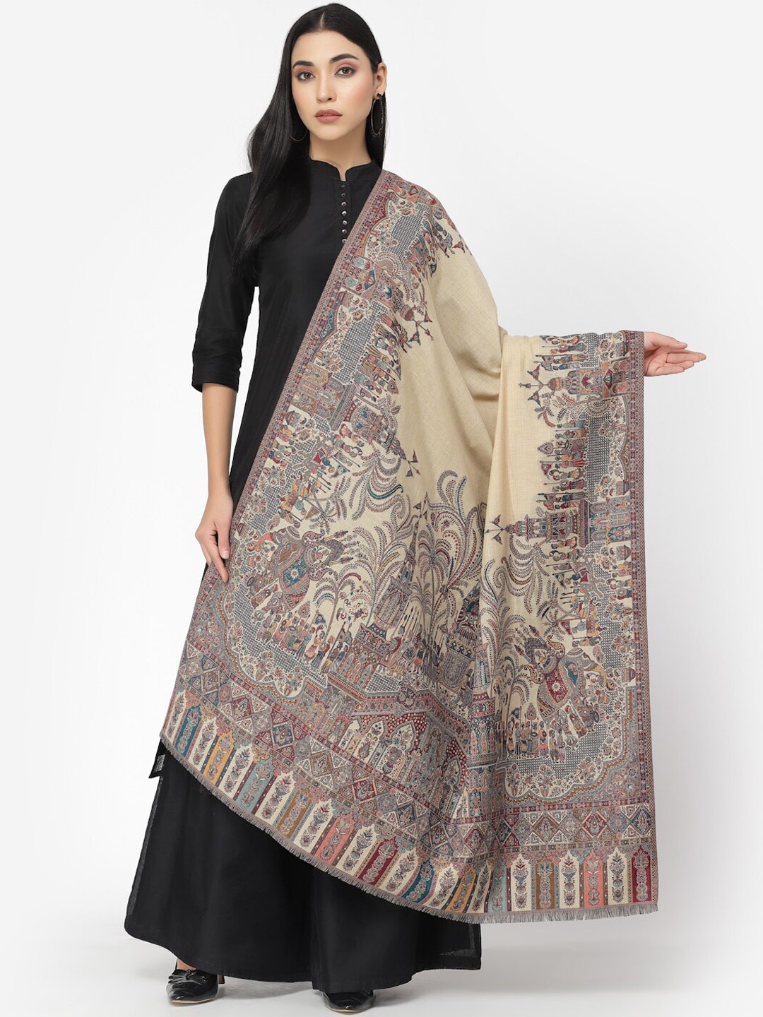 

Anekaant Tribal Women Double Beam Kaani Ethnic Motif Woven Design Shawl, Beige