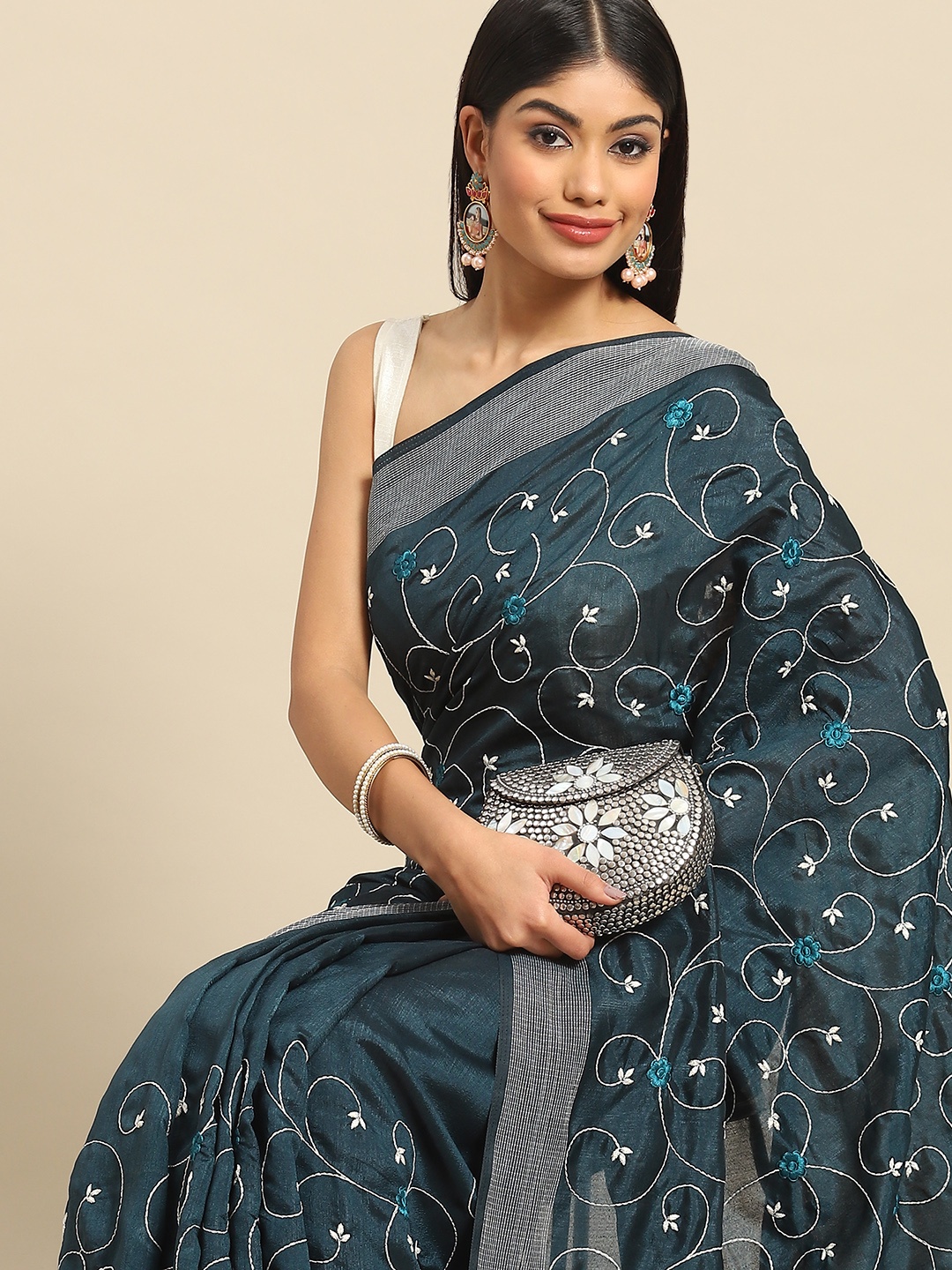 

all about you Teal Floral Embroidered Saree