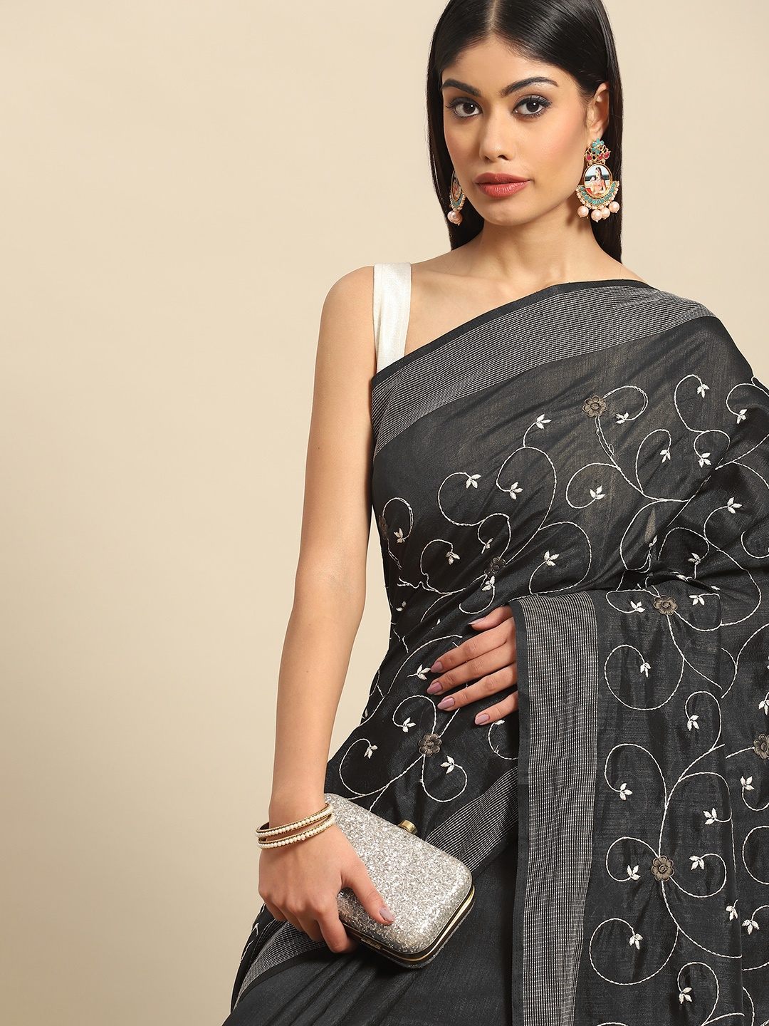 

all about you Black Floral Embroidered Saree