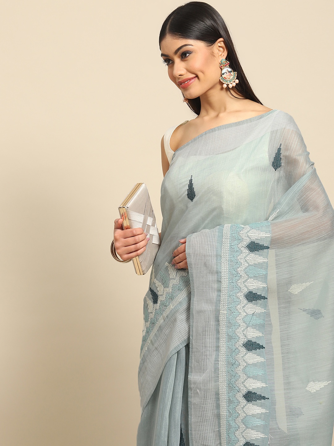 

all about you Turquoise Blue Embroidered Saree