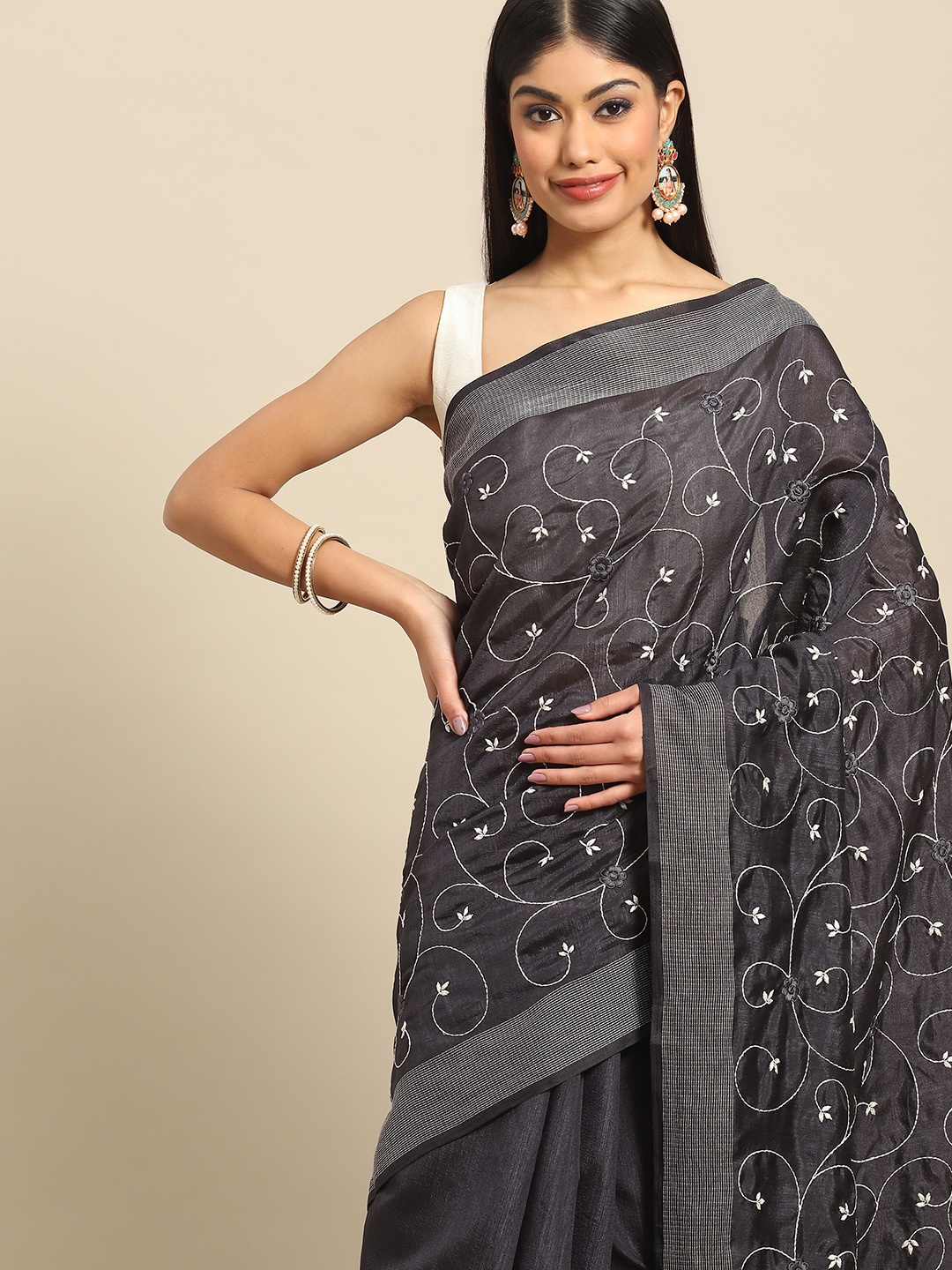 

all about you Grey Floral Embroidered Saree