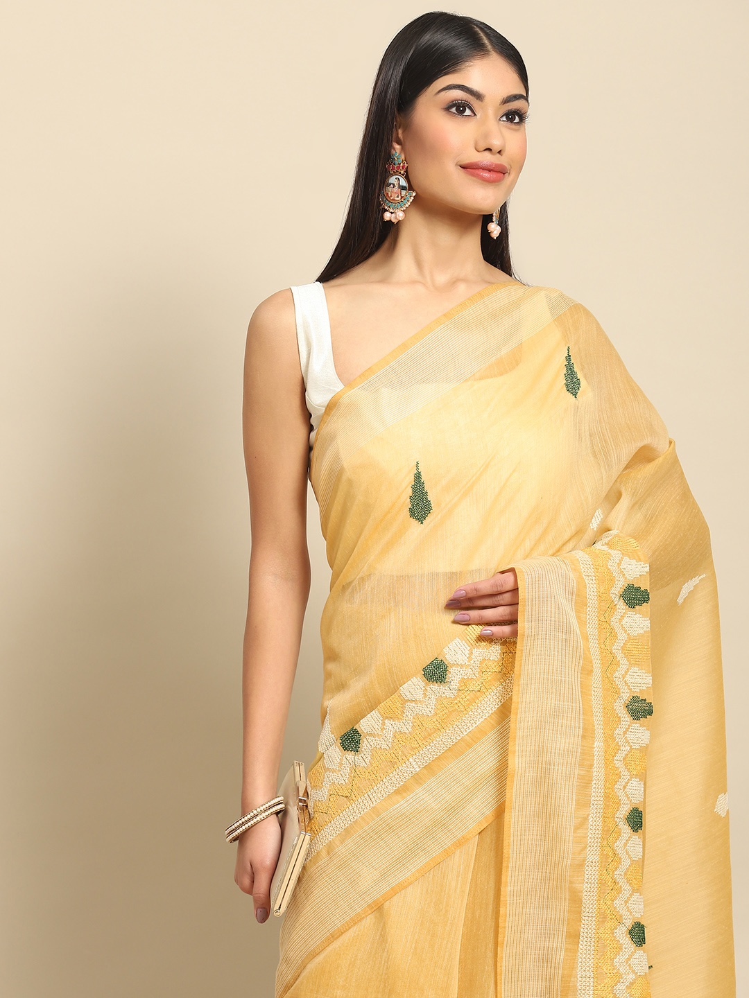 

all about you Yellow Embroidered Saree