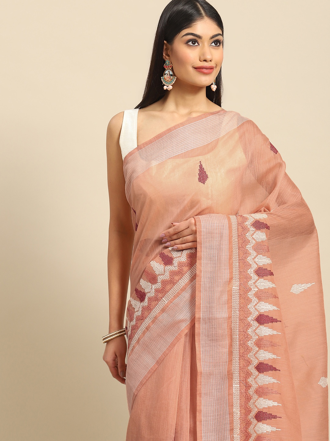 

all about you Peach-Coloured Embroidered Saree