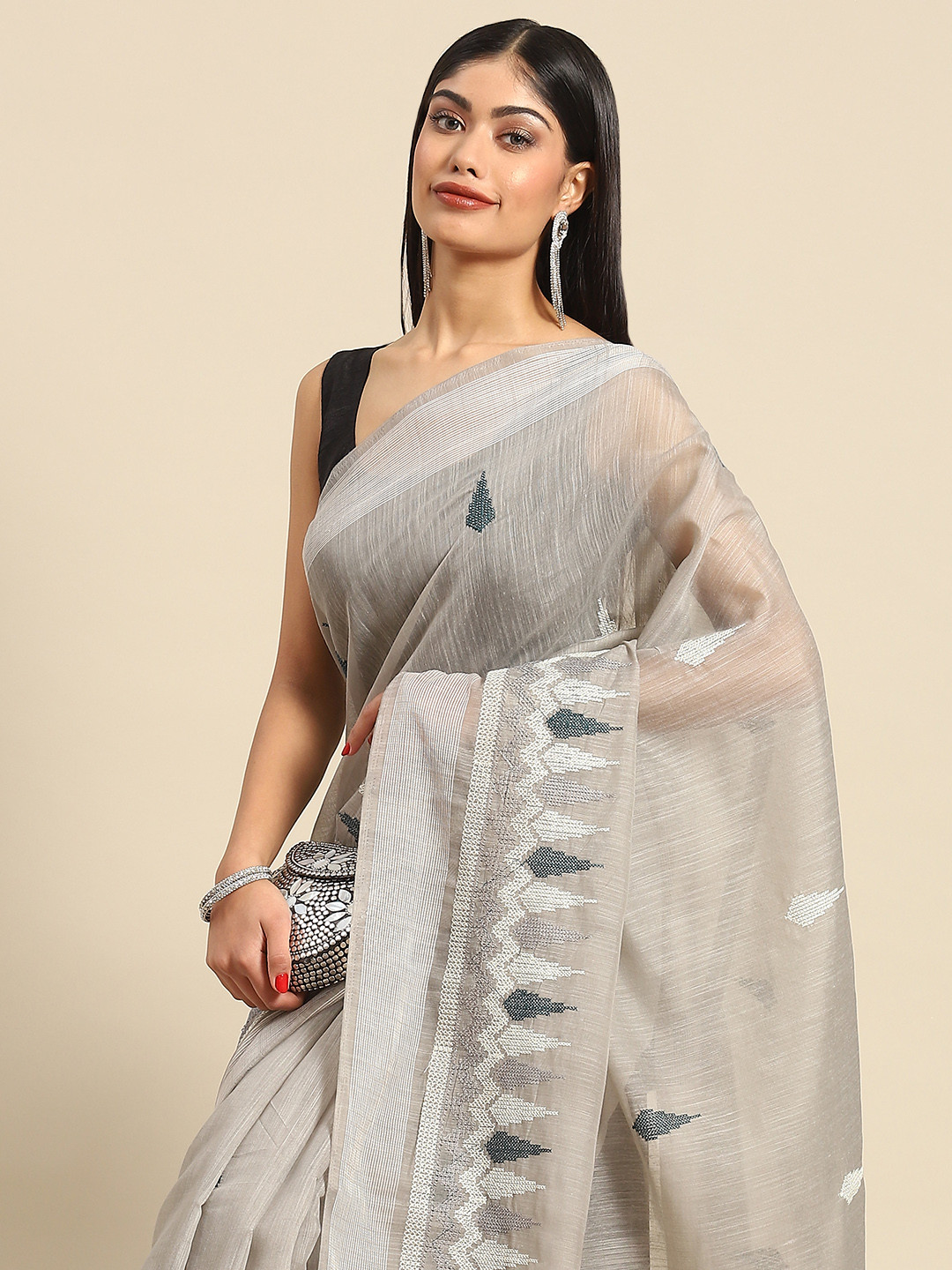 

all about you Ethnic Motifs Print Saree, Grey