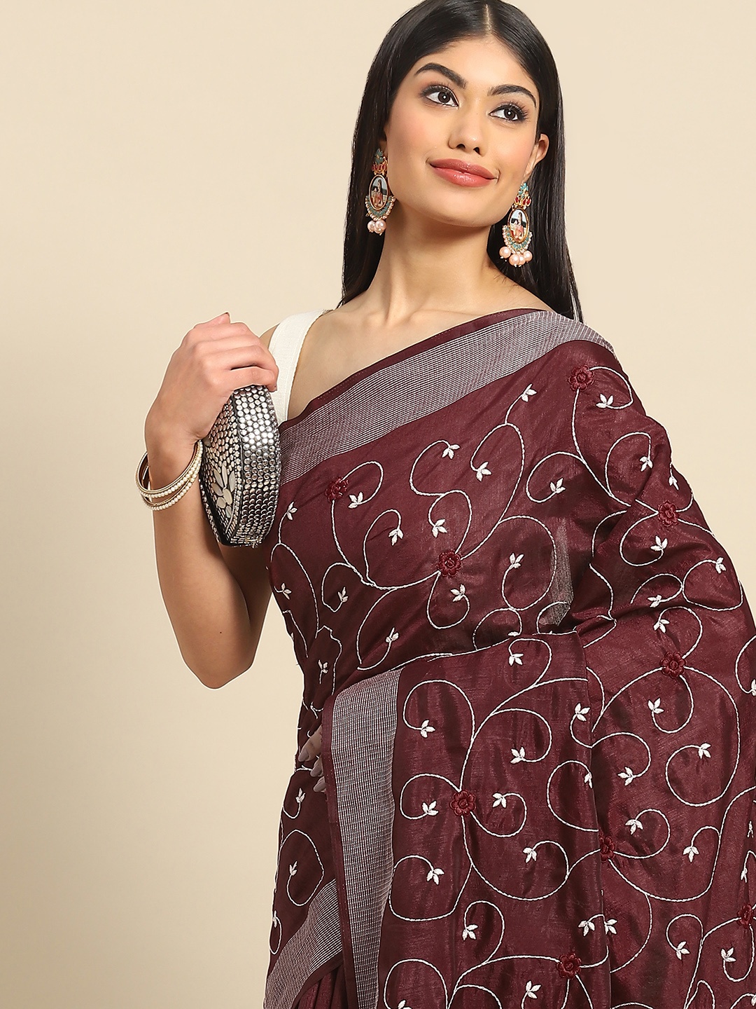 

all about you Maroon Floral Embroidered Saree