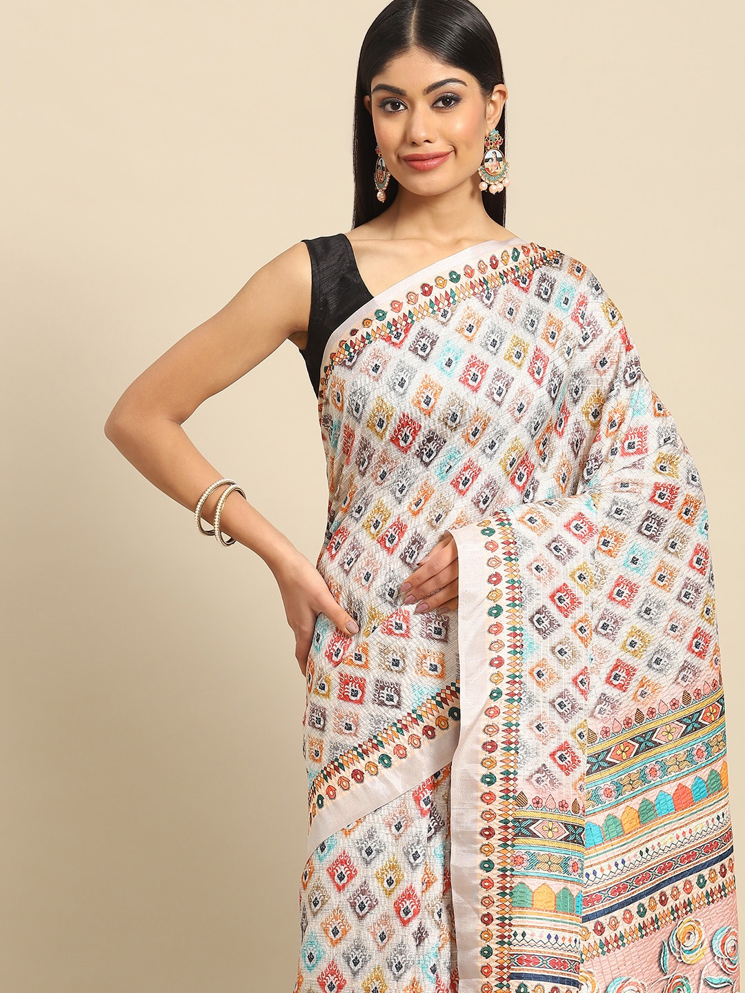 

all about you White & Turquoise Blue Printed Sequinned Saree