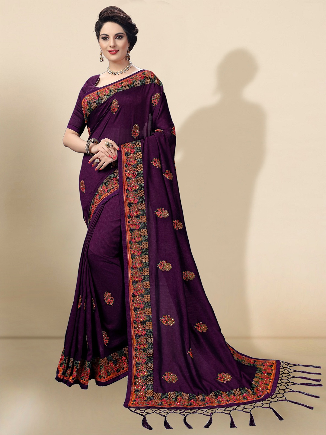 

Trendmalls Floral Embroidered Satin Saree, Purple