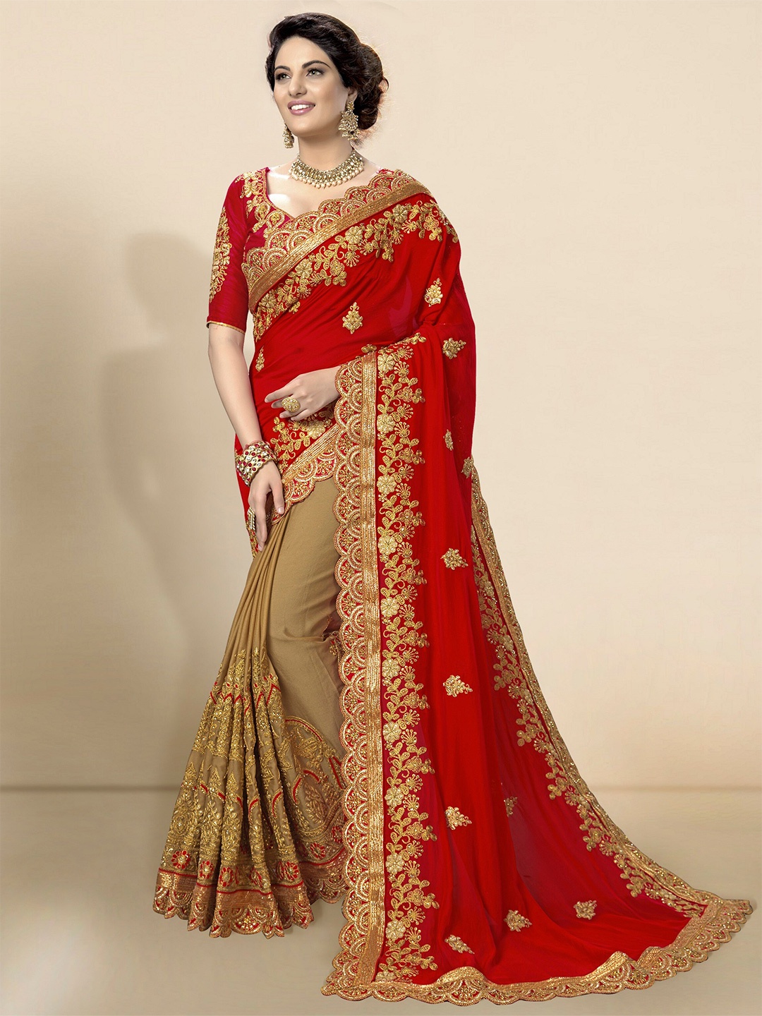 

Trendmalls Red & Gold-Toned Floral Embroidered Pure Silk Saree