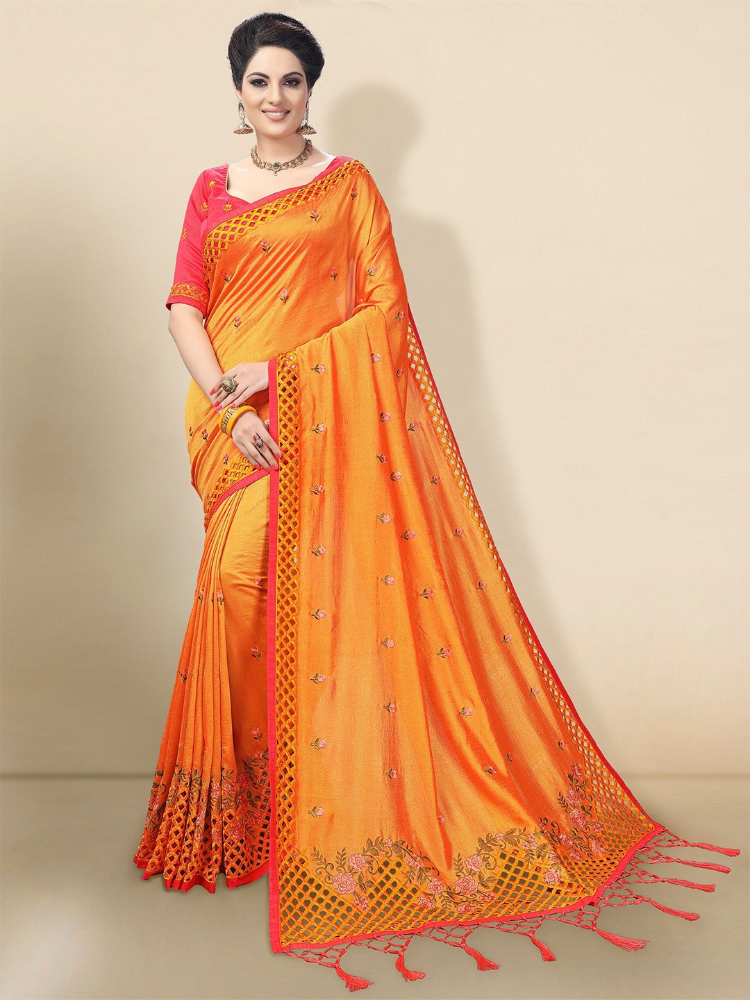 

Trendmalls Floral Embroidered Satin Saree, Orange